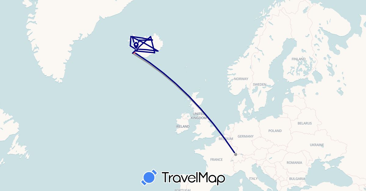 TravelMap itinerary: driving, plane, hiking in France, Iceland (Europe)